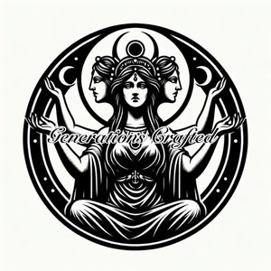 Może przedstawiać: Czarno-biała ilustracja postaci bogini z trzema twarzami, nad którą znajduje się symbol półksiężyca i słońca. Bogini siedzi w pozycji medytacyjnej z wyciągniętymi ramionami. Pod boginią widnieje napis "Generations Crafted".