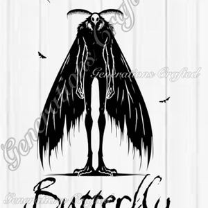 Puede incluir: Diseño gráfico en blanco y negro de una mariposa con un cuerpo humanoide y el texto "Anti-social Butterfly".