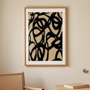 Abstract Ink Scribble Art Print: Black Beige Modern Decor (Digital Download)