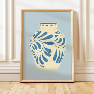 Arte de pared imprimible con jarrón minimalista, decoración moderna neutra para el hogar, ilustración de cerámica azul beige, descarga digital de estilo escandinavo.