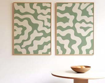 Green Abstract Wavy Art Print Set: Mid-Century Modern Home Decor (Digital Download)