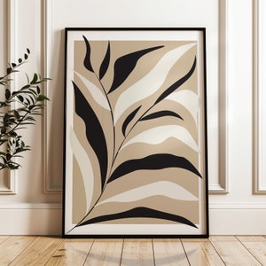 Neutral Leaves Botanical Print: Beige Black Minimalist Decor (Digital Download)