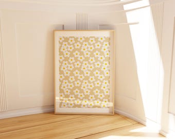 Retro Daisy Floral Print: Boho Beige & Yellow Wall Art (Digital Download)