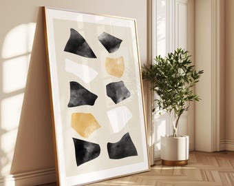 Abstract Geometric Art Print: Beige, Black, White Shapes (Instant Download)