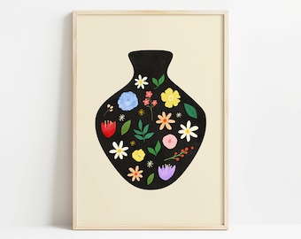 Botanical Vase Art Print: Colorful Flowers, Boho Home Decor (Digital Download)