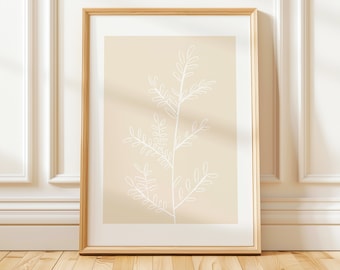 Impresión artística botánica beige: Diseño minimalista de hojas (descarga digital)
