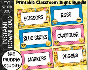 Classroom Emoji Tags - editable, printable, class label, nameplate, tag, label, teacher printable, student tag, desk nameplate, custom