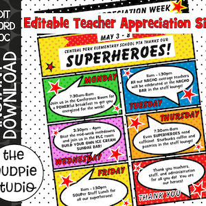 EDITABLE Superhero Teacher Appreciation Week Itinerary Poster, Appreciation Week Schedule Events, Superhero Teacher Sign, Teacher Download