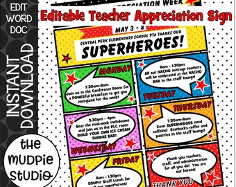 Editable Superhero Teacher Appreciation Week Itinerary (Digital Download)