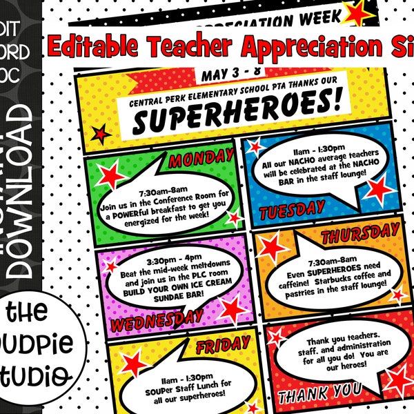 EDITABLE Superhero Teacher Appreciation Week Itinerary Poster, Appreciation Week Schedule Events, Superhero Teacher Sign, Teacher Download