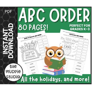 Set van 80 ABC alfabetische volgorde werkblad knippen en plakken, vakantie, elementair, spelling, uitdelen, afdrukbaar, woordvolgorde, pdf, download