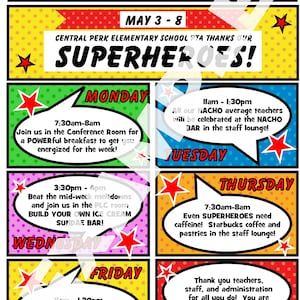 Editable Superhero Teacher Appreciation Week Itinerary (Digital Download) image 3