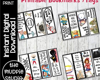 May include: Printable bookmarks with colorful illustrations and text. Designs include a pug, a pig with a cookie, and various cartoon characters with phrases like "Let's Read!" and "Unleash a Good Book."