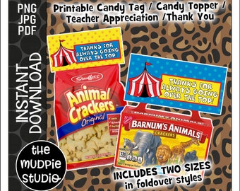 Thank You Printable -candy tag, animal thank you, circus thank you, Teacher Appreciation tag, big top thank you, kid party, instant download