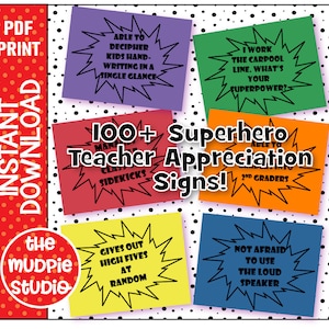 Mais de 100 placas de SUPER-HERÓIS para apreciação de professores - obrigado professor, professor herói, citação de herói, placa de professor, para impressão, download instantâneo