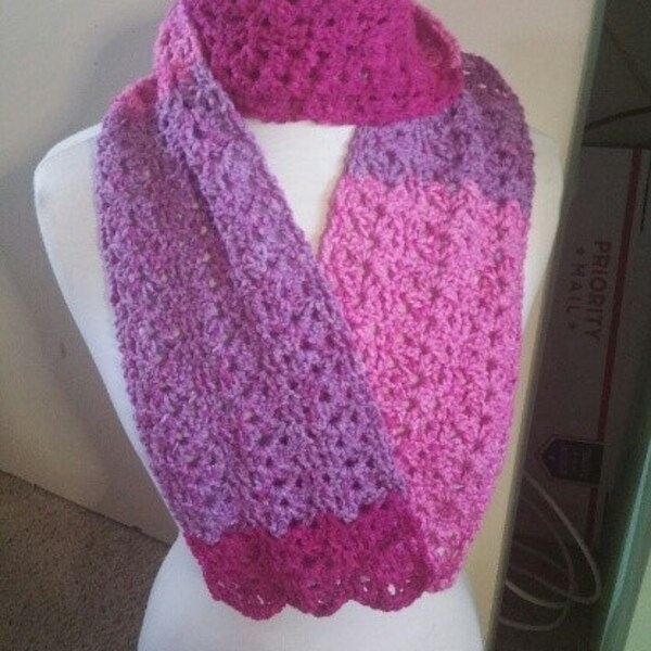 PATTERN: Crochet Double Delight Lacey Scarf PATTERN, with shell edgings, sweet roll cake yarn