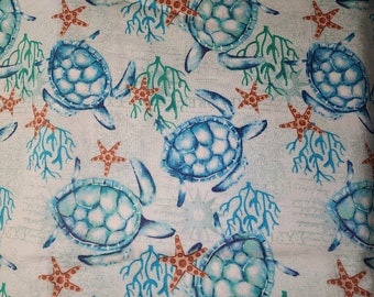 Cotton Fabrics REMNANT| Sea Turtles, Starfish, Blue Turtles, Orange Dotted Starfish, Green Seaweed  | 36" length by 44-45 inches width