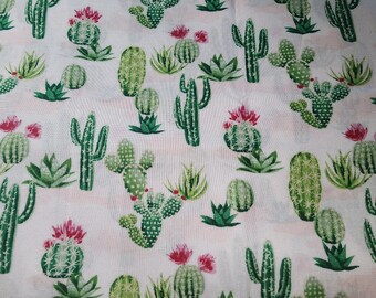 Cotton Fabrics REMNANT| CACTUS plants, Barrel Cactus, Saguaro Cactus, Bunny Ear Cactus | 30" length by 44-45 inches width