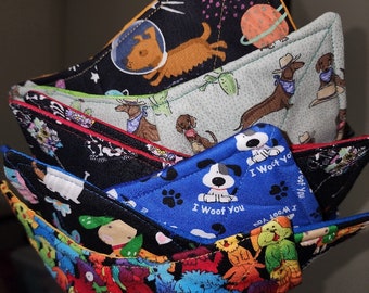 Soup Bowl Cozy, Soup Bowl Holder, Microwaveable Cozy, Reversible | Colorful Dogs, I Woof U Dog, Collared Dogs, Space Dogs, Desert Dogs