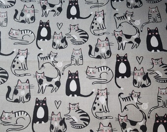 Cotton Fabrics REMNANT| CATS, CAT, Stripe Cats, Spotted Cats, Cats in Grey Scale, Black White Gray | 24" length by 44-45 inches width