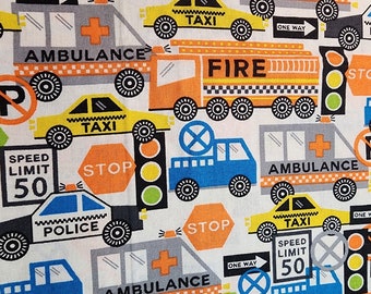Cotton Fabrics REMNANT| Emergency Vehicles | Police, Fire, Ambulance | 25" length by 38 inch width