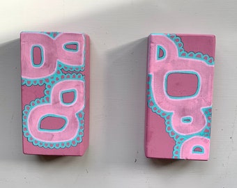 Wall Art 3D Original Wood Block Geometric Organic Forms Pink Pair of Paintings by Jacinta Bunnell