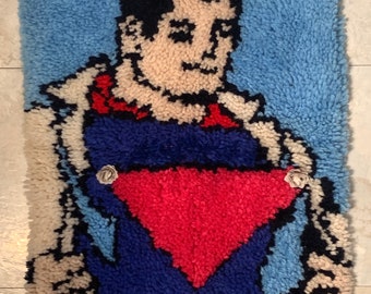 Original Modified Superman Vintage Latch Hook Rug Art by Jacinta Bunnell, Hudson Valley Artist / Gay Superman Wall Hanging / Super Gay