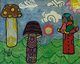 Original Art-Jacinta Bunnell Mixed Media Mushroom Painting- Mushroom Collage Art -Unframed Colorful Wall Art