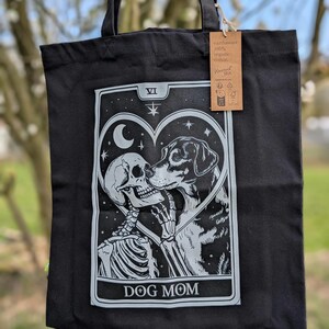 Boho Tarot Skeleton Dog Mom Bolsa de mano orgánica, Bolsa de compras reutilizable, Tote de comestibles ecológico, Bolsa de algodón negro, Bolsa de mercado de brujas