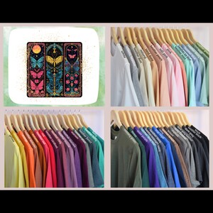 May include: A selection of t-shirts in various colours and shades, presented on hangers. The shirts are organised in rows, with each row showcasing a different colour. The colours include white, grey, black, blue, green, red, orange, yellow, brown, and purple. The shirts are all made from a soft, comfortable fabric and are ideal for everyday wear.
