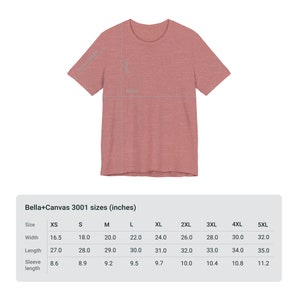 May include: Size chart for Bella+Canvas 3001 t-shirts in inches. The chart shows the width, length, and sleeve length for sizes XS to 5XL.