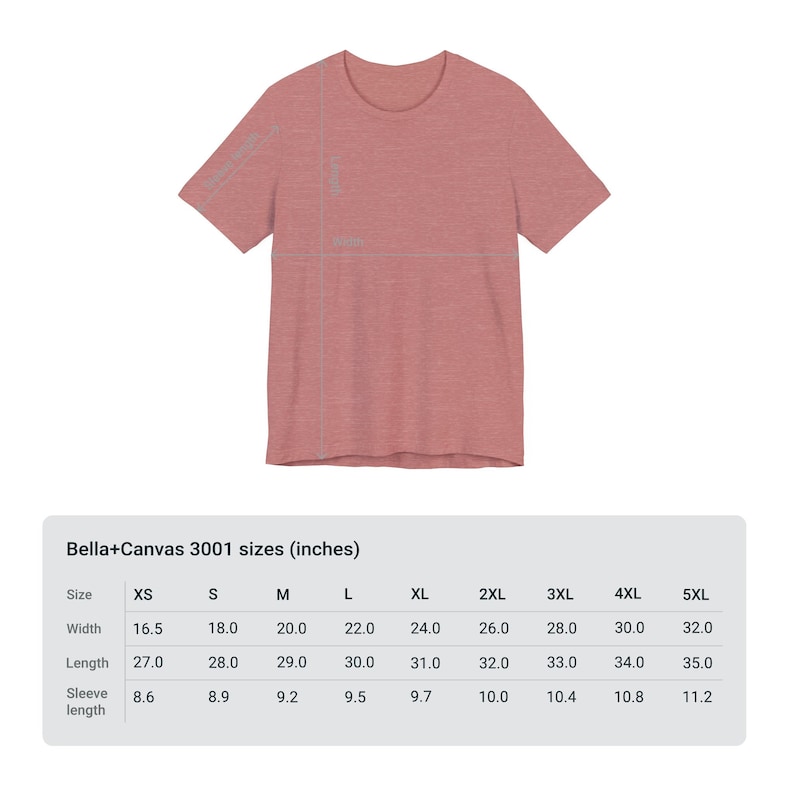 May include: Size chart for Bella+Canvas 3001 t-shirts in inches. The chart shows the width, length, and sleeve length for sizes XS to 5XL.