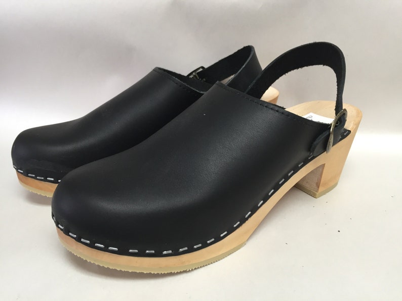 Lana // Black Oiled Medium Heel Clog on Natural With Ankle - Etsy