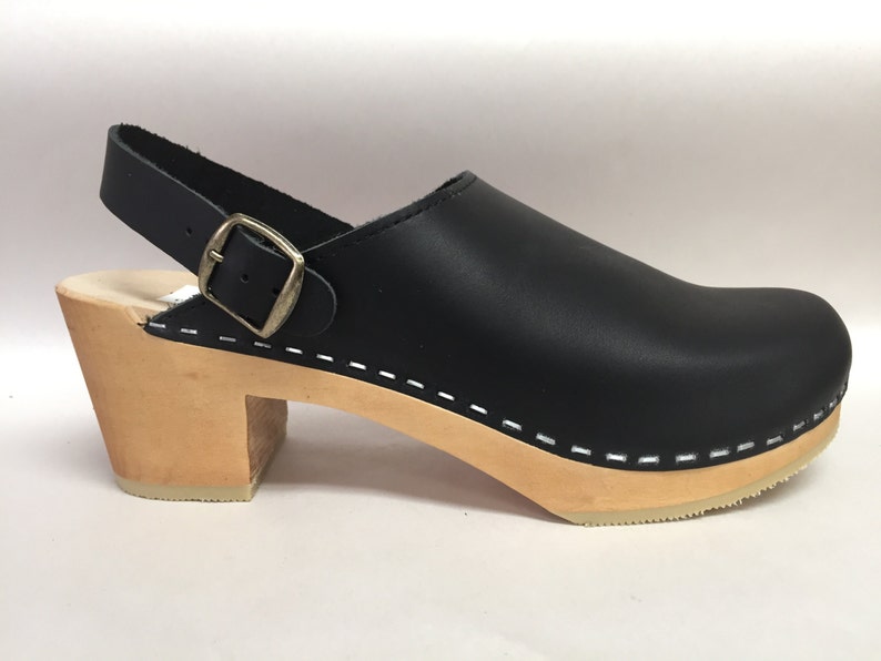 Lana // Black Oiled Medium Heel Clog on Natural With Ankle - Etsy