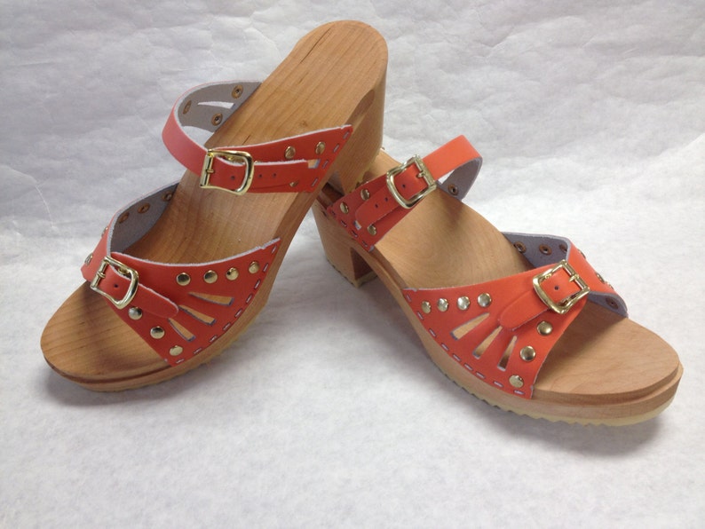 Vera // Medium Heeled Soft Orange and Brass Studded Sandals - Etsy