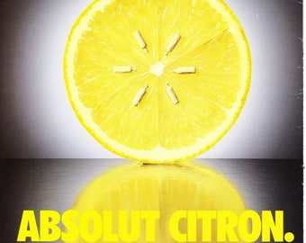 ABSOLUT CITRON vintage vodka ad copyright 1996, magazine back cover, yellow lemon slice, advertising, Magazine Distillery Advertisement, fsb