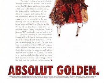 ABSOLUT GOLDEN vintage vodka ad copyright 1998, magazine back cover, Magazine Distillery Advertisement, geisha marionette design