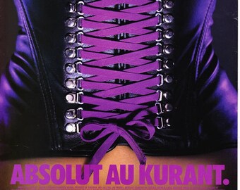 ABSOLUT AU KURANT vintage vodka ad copyright 1997, magazine back cover, sexy leather corset, Magazine Distillery Advertisement, fsb