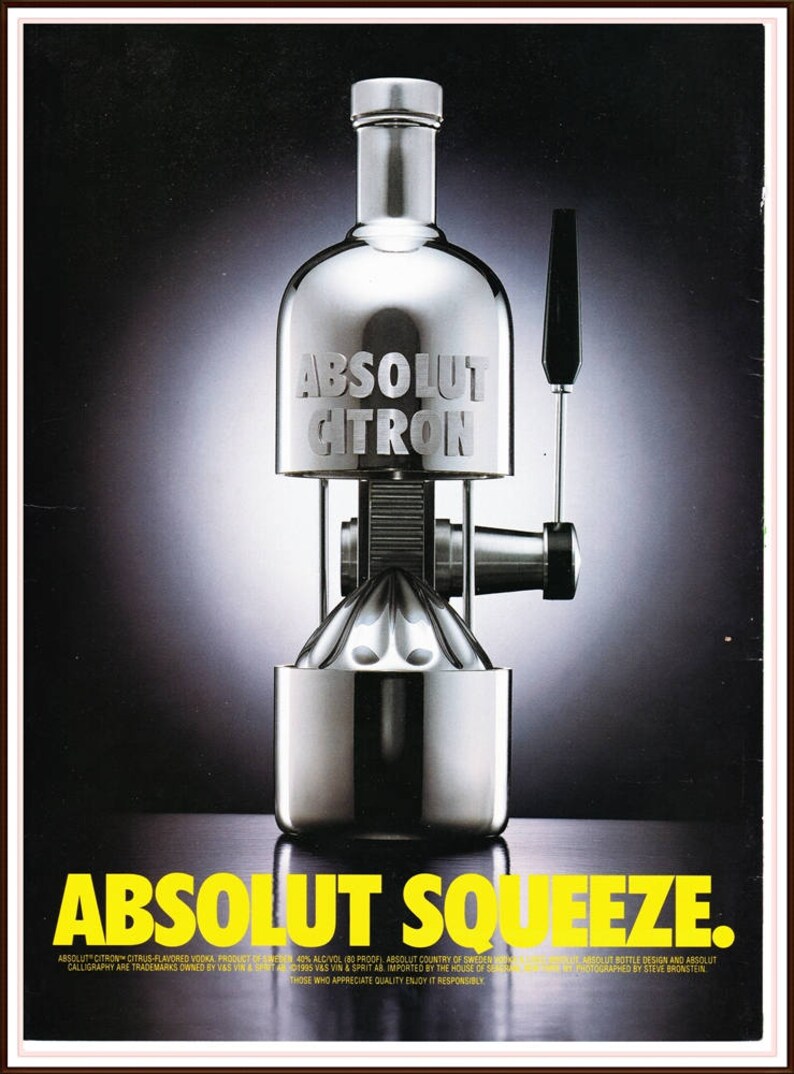 ABSOLUT SQUEEZE vintage vodka ad for Absolut Citron, copyright 1995, magazine back cover, advertisement, Distillery Advertisement fsb image 2