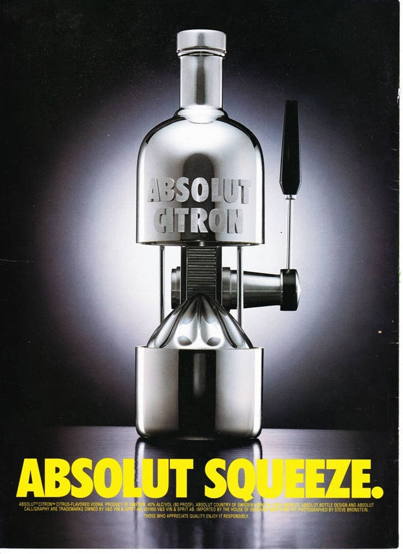 ABSOLUT SQUEEZE vintage vodka ad for Absolut Citron, copyright 1995, magazine back cover, advertisement, Distillery Advertisement fsb image 1