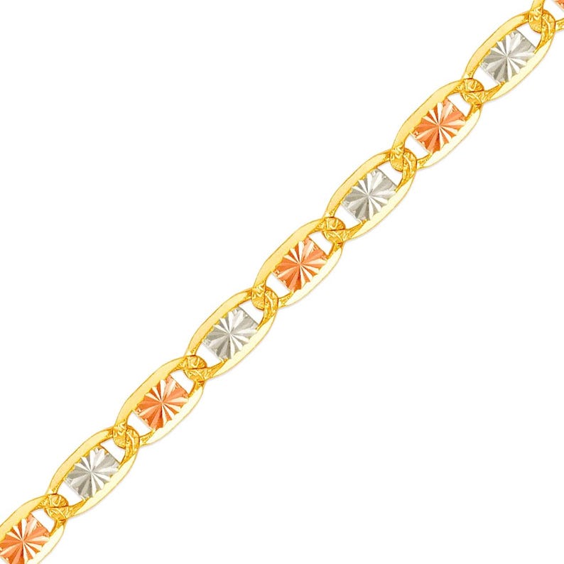 May include: A gold chain necklace with a mariner link design. The chain is made of three different colors of gold: yellow, white, and rose.