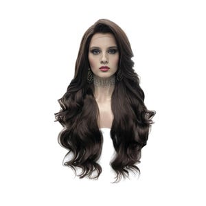 Bella - Chocolate Brown Wig, Synthetic Lace Front Wig, Long Wavy 26 Inches Wig Glueless Wig Natural Hairline Wig Heat Resistant for Cosplay