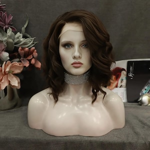 Brown 13*2 Lace Front Wig Short Bob Wavy Wigs Synthetic Hair Wig Free Part with Natural Hairline Shoulder Length for Women