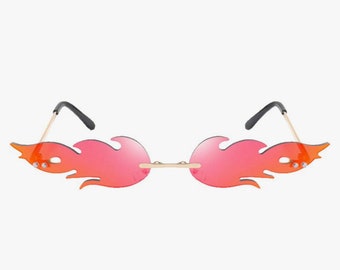 red flame shaped sunglasses, red fire eyewear, festival, rave, summer, partys, unisex, trendy, modern, birthday party, gift.