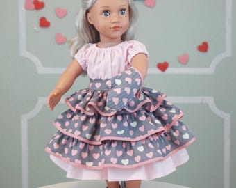 Pink Hearts on Gray Retro Ruffle Valentine's Day Apron and Oven Mitt