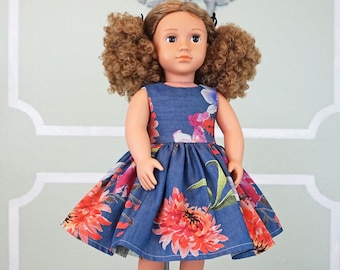 Classic Vintage Style Large Floral on Denim Dress for 18" Doll AG Doll