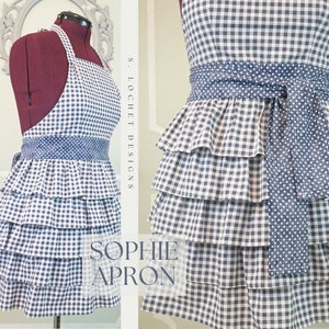 SOPHIE Vintage Style Full Ruffle Apron Blue Check Gingham image 1