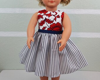 Classic Vintage Style Red Rose and Navy Striped Dress for 18" Doll AG Doll