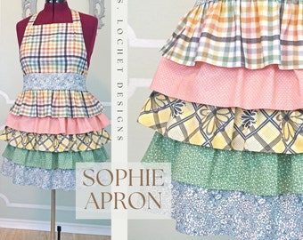 SOPHIE Vintage Style Full Ruffle Apron - Rainbow Check