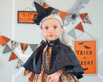 Black Crushed Velvet lined capelet Halloween witch cape for 18" Doll AG Doll